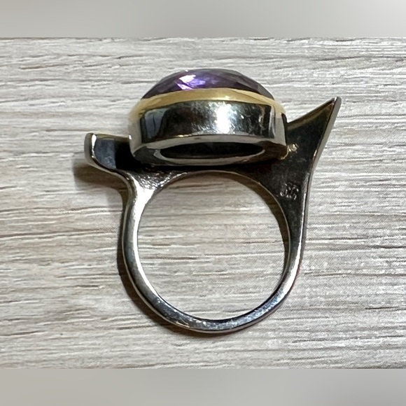 Vintage Designer (KS) Oxidized Sterling Silver & Gold Modernist Amethyst Ring - Picture 7 of 12